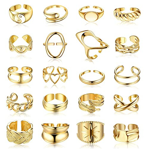 FIBO STEEL 20 Pcs Gold Chunky Rings for Women 18K Gold Plated Ring Set Dome Thick Open Rings Adjustable | Amazon (US)
