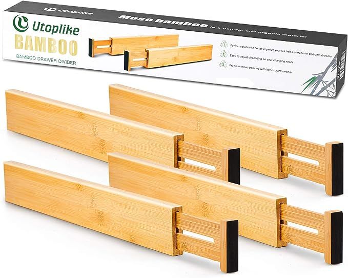 Utoplike 4 pcs Bamboo Kitchen Drawer Dividers(16.8-21.8IN),Adjustable Drawer Organizers,Spring Lo... | Amazon (US)