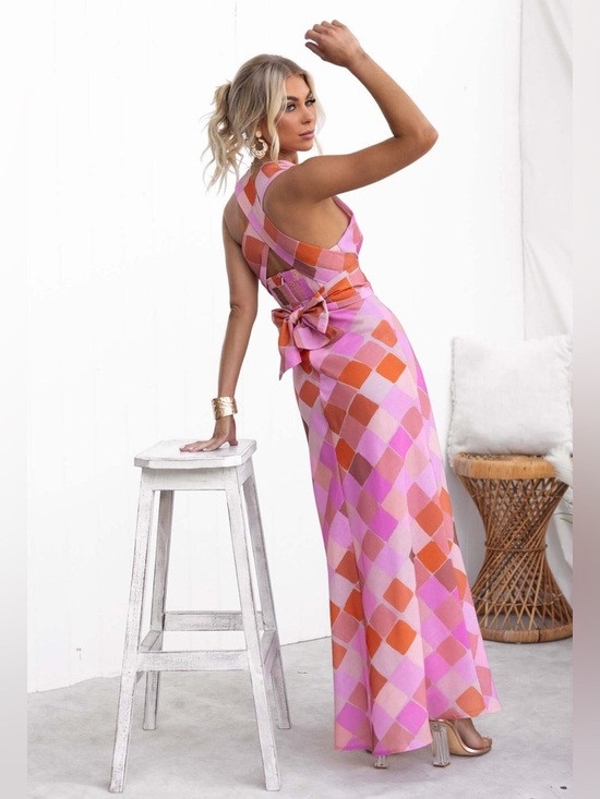 Pink & Orange Diamond-Print Maxi Dress with Back Tie | Poshmark