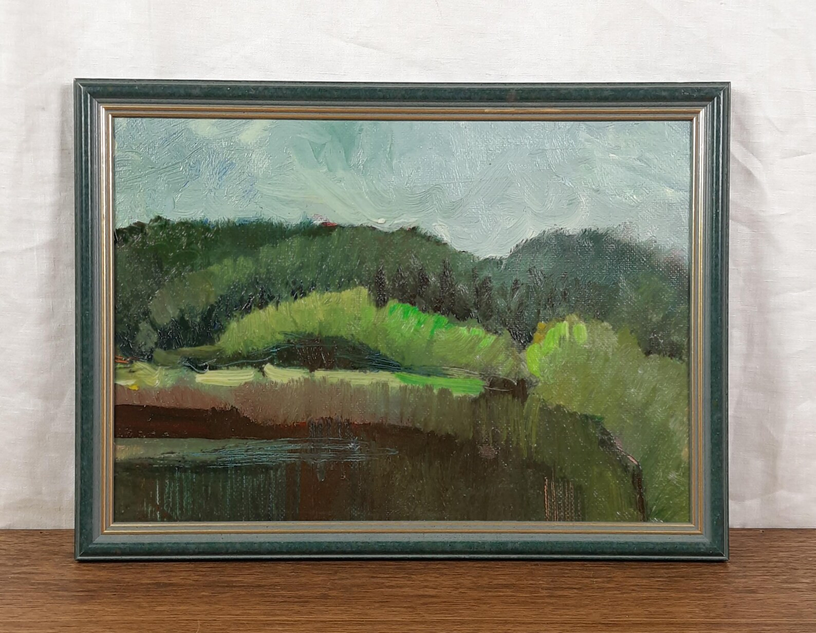 Original Oil Landscape Painting, Green Hill Reflection Artwork, Framed Impressionist Nature Scene... | Etsy (US)