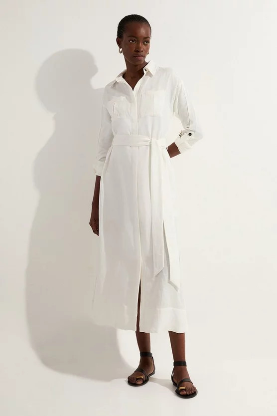 Viscose Linen Woven Belted Shirt Midi Dress | Karen Millen | Karen Millen US