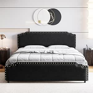 GAOMON King Size Bed Frame, Velvet Upholstered Platform Bed Frame with Rivet Decor Headboard, Str... | Amazon (US)