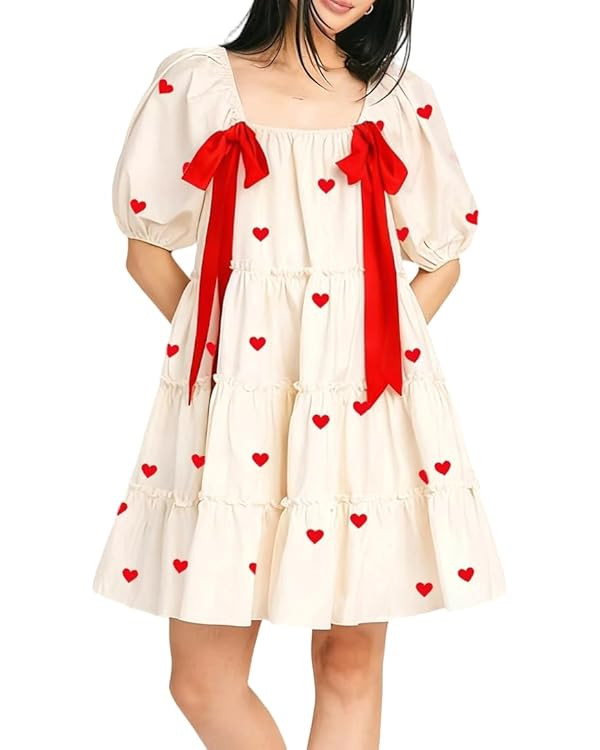 Women Puff Sleeve Babydoll Dress Square Neck Flowy Mini Dress Bow Tie Ruffle A Line Short Dress S... | Amazon (US)