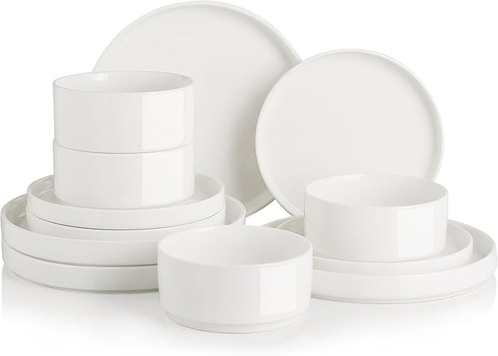 Sweejar Porcelain Dinnerware Sets for 4, 12 Pieces Ceramic Plates and Bowls Set, Classic Modern S... | Amazon (US)