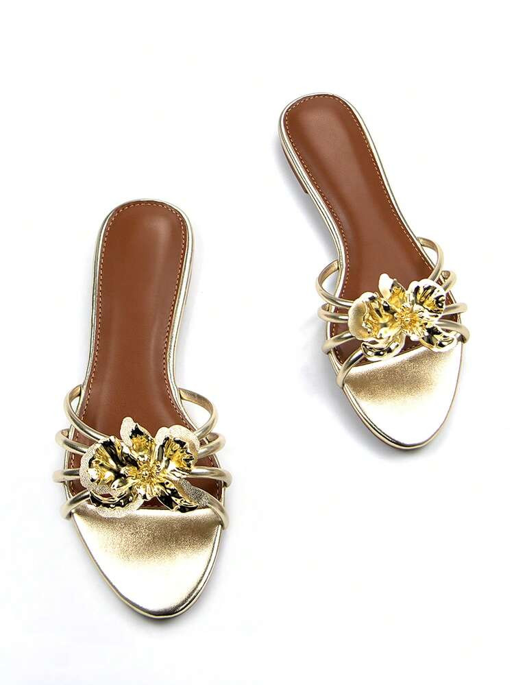 Women's Elegant Gold Metal Flower Decor Strap Dress Flat Mules Shoes, Comfortable Round Toe Slip-... | SHEIN