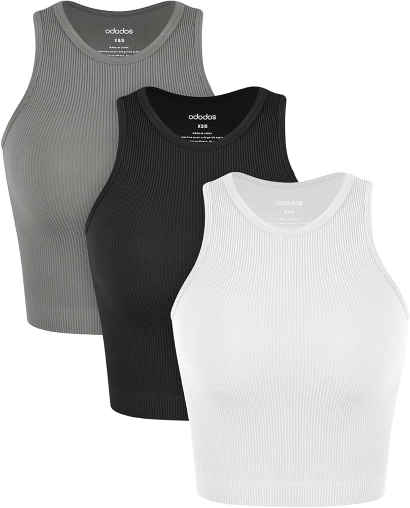 ODODOS 3-Pack Seamless Tank for Women Rib-Knit Soft Sleeveless High Neck Tank Tops, Waist Length,... | Amazon (US)