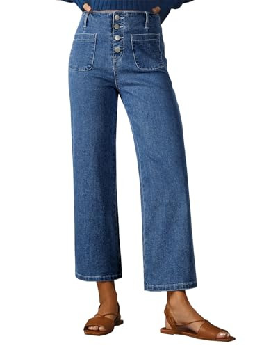 Sidefeel Women's High Waisted Jeans Wide Leg Stretchy Zimbaplatinum Straight Leg Jeans Buttoned Loose Denim Pants with Pocket Blue Size 12 | Amazon (US)