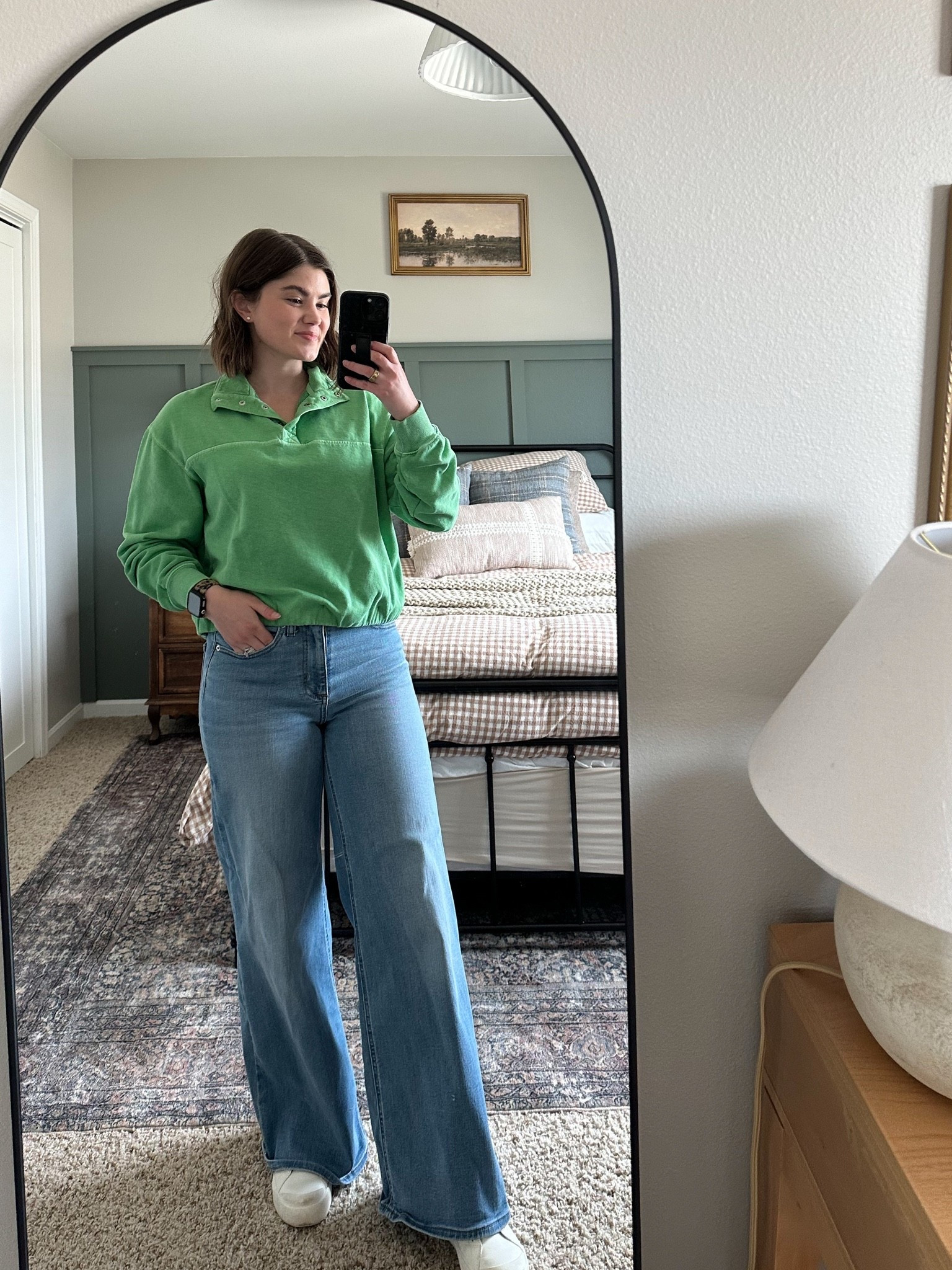 Green sweatshirt, fall outfit, teacher outfit, back to school, petite fashion, wide legged sailor jeans, medium washed denim, de Scholls platform sneakers, old navy fashion, target fashion

#LTKPetite #LTKWorkwear #LTKootd