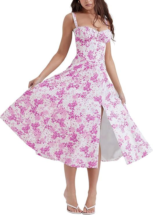Women's Floral Sweetheart Neck Sleeveless Ruffle A Line Strap Split Midi Dress | Amazon (US)