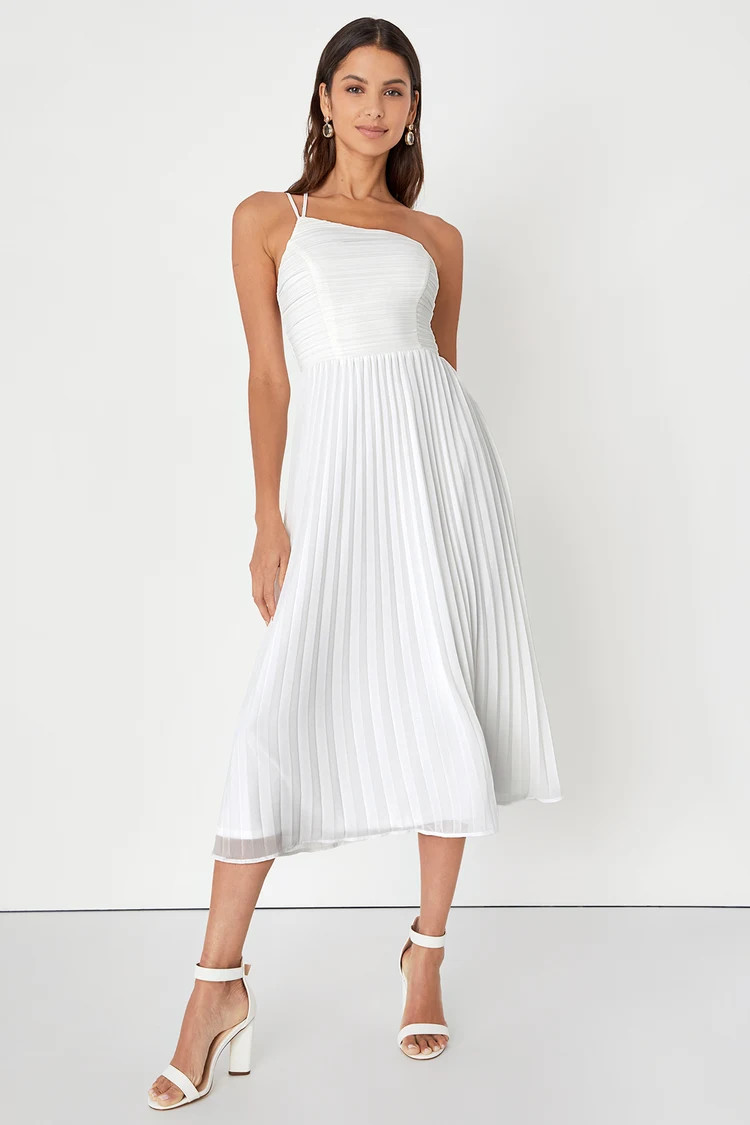 Wondrous Muse White Pleated One-Shoulder Midi Dress | Lulus
