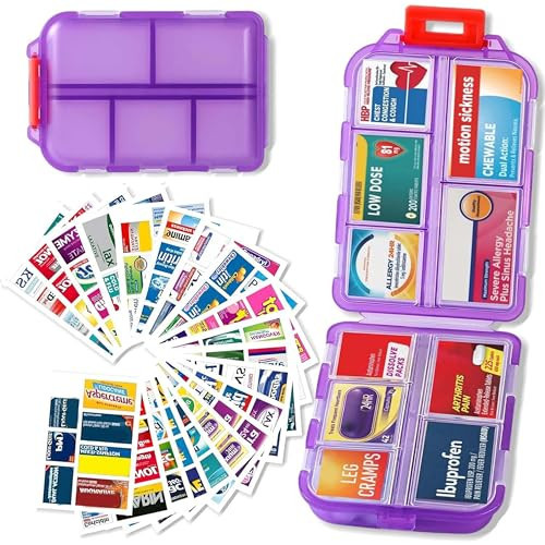 Pill Organizer with Medicine Labels Travel Daily Pill Container Mini Medication Organizer Storage Pill Organizer Pill Case 7 Day Pill Organizer(Purple, 146 Lables) | Amazon (US)