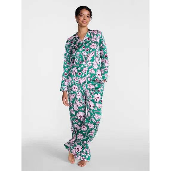 Joyspun Women’s Stretch Satin Sleep Top and Pants, 2-Piece Set, Sizes XS to 3X | Walmart (US)