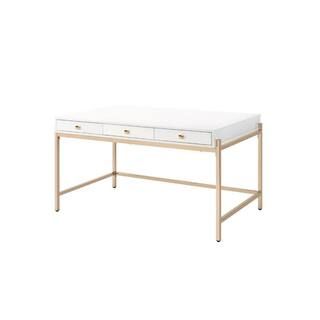 Ottey 30 in. Rectangular White High Gloss and Gold Composite 3-Drawer Writing Desk with-Drawers | The Home Depot