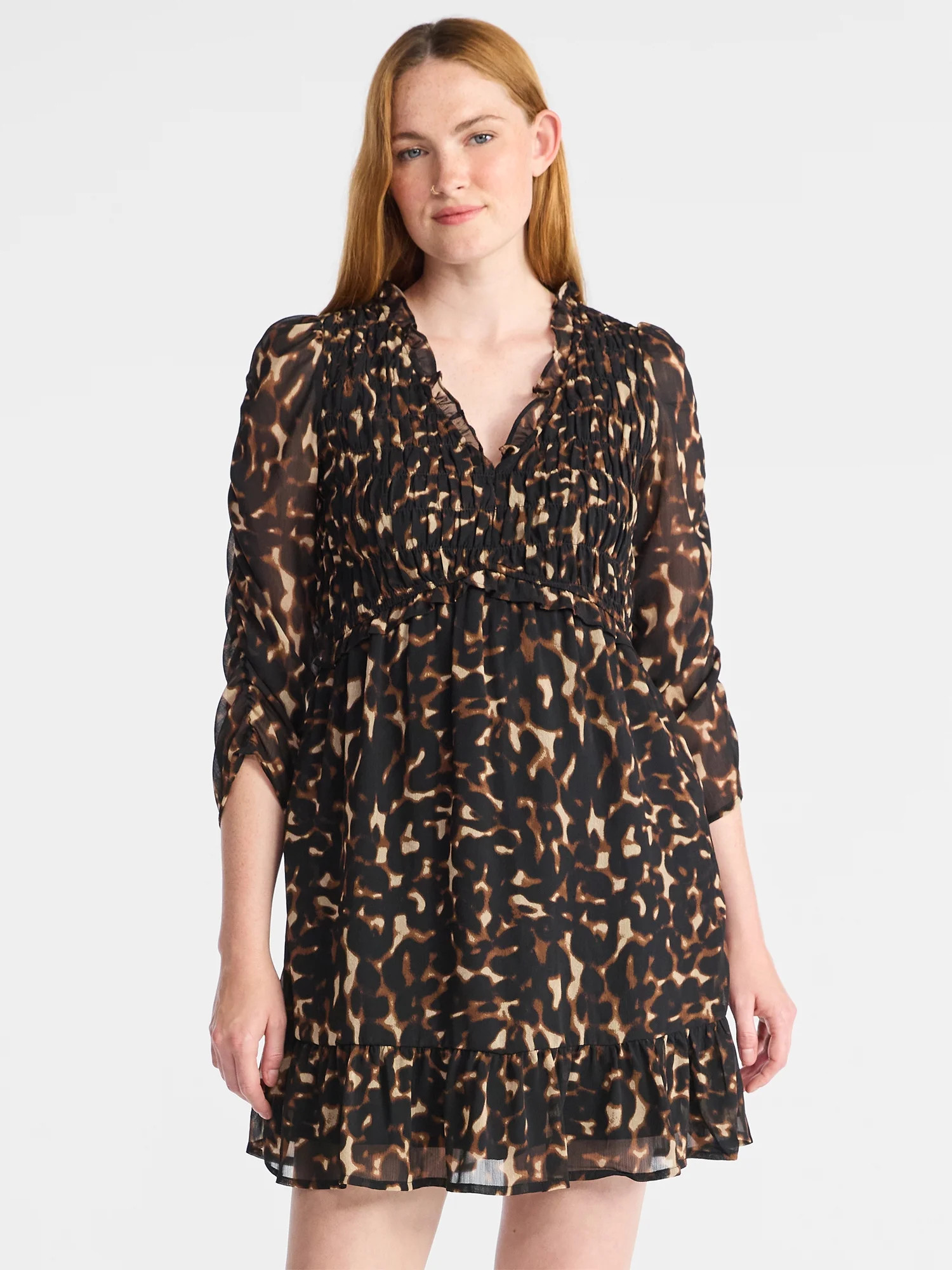 Time and Tru Women's Smocked Chiffon Mini Dress with Long Sleeves, Sizes XS-XXXL | Walmart (US)