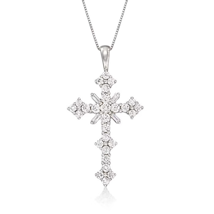C. 1980 Vintage 1.70 ct. t.w. Diamond Cross Pendant Necklace in 14kt White Gold. 21" | Ross-Simons