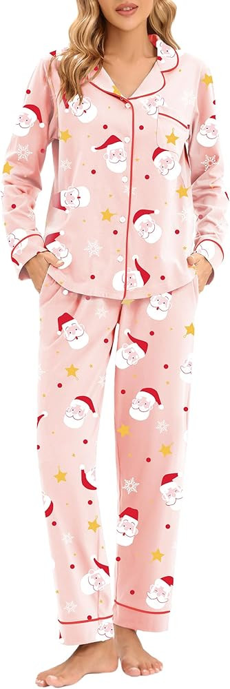 LUBOT Christmas Pajamas 100% Cotton Womens Pajamas Set 2 Piece Soft Button-Down Xmas PJs Set Slee... | Amazon (US)