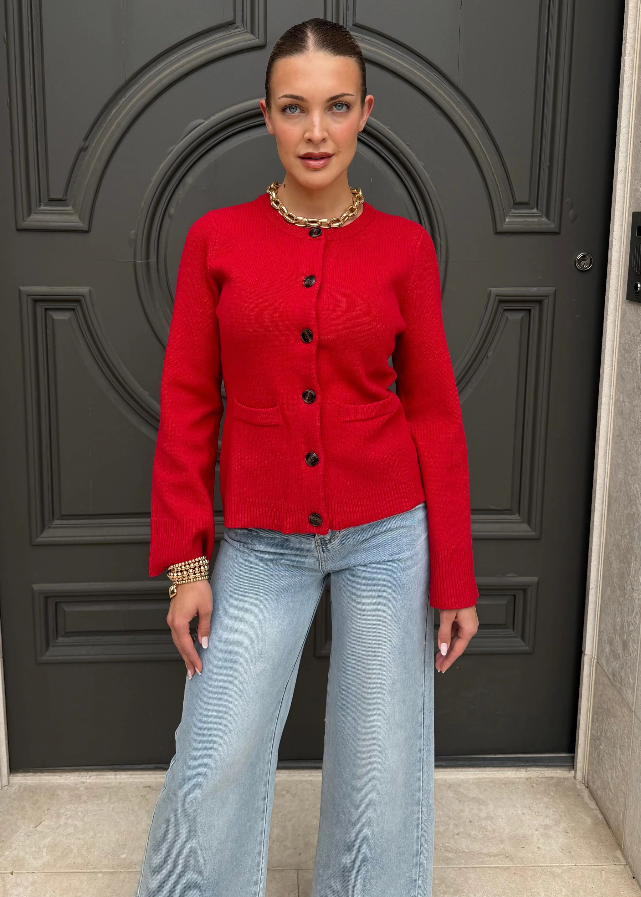 Maeve Long Flare Sleeve Knit Button Down Cardigan - Red | Benaar La