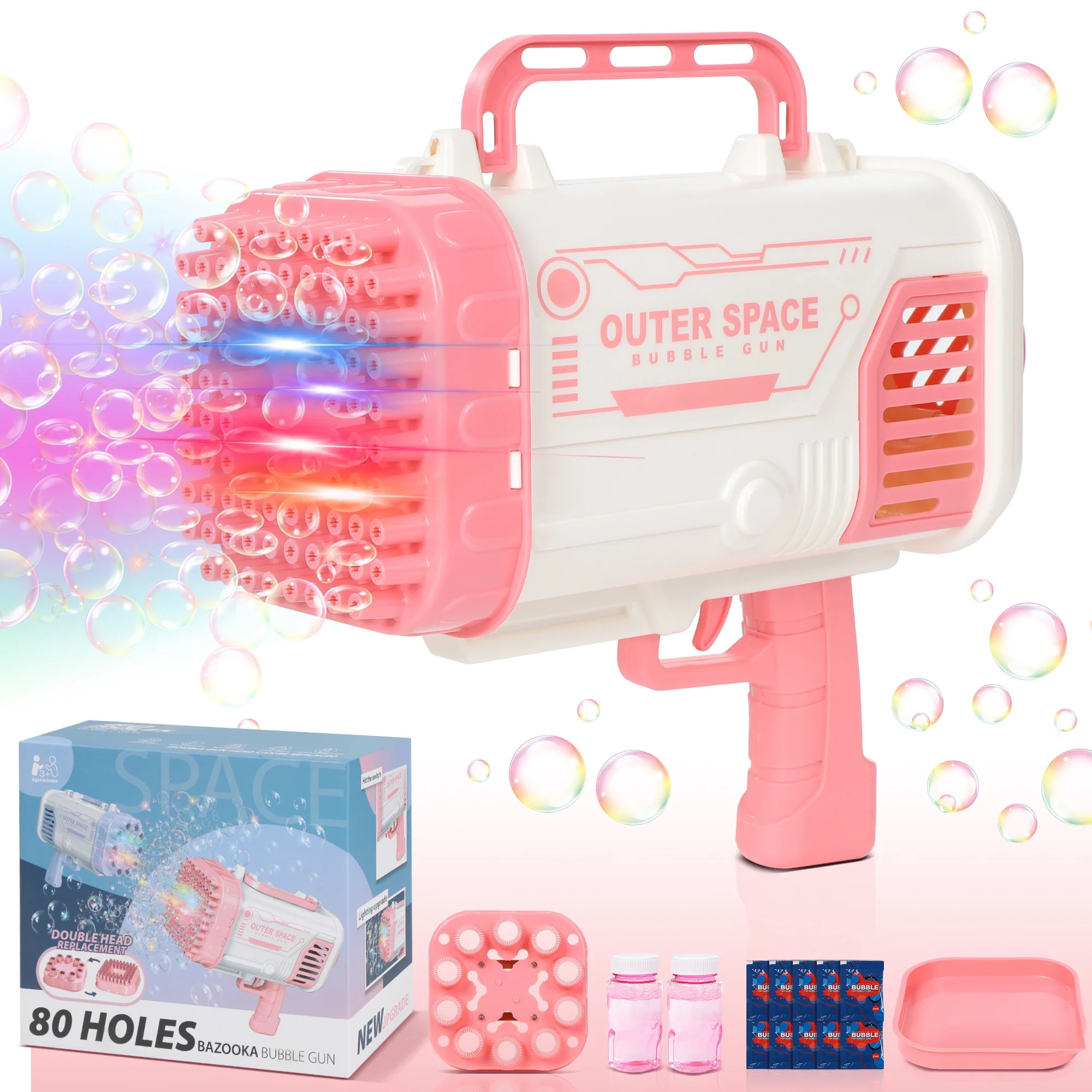 Wisairt Bubble Machine,80 Holes Bubble Gun with Replaceable Nozzles,2 Bubble Solution and Colorfu... | Walmart (US)