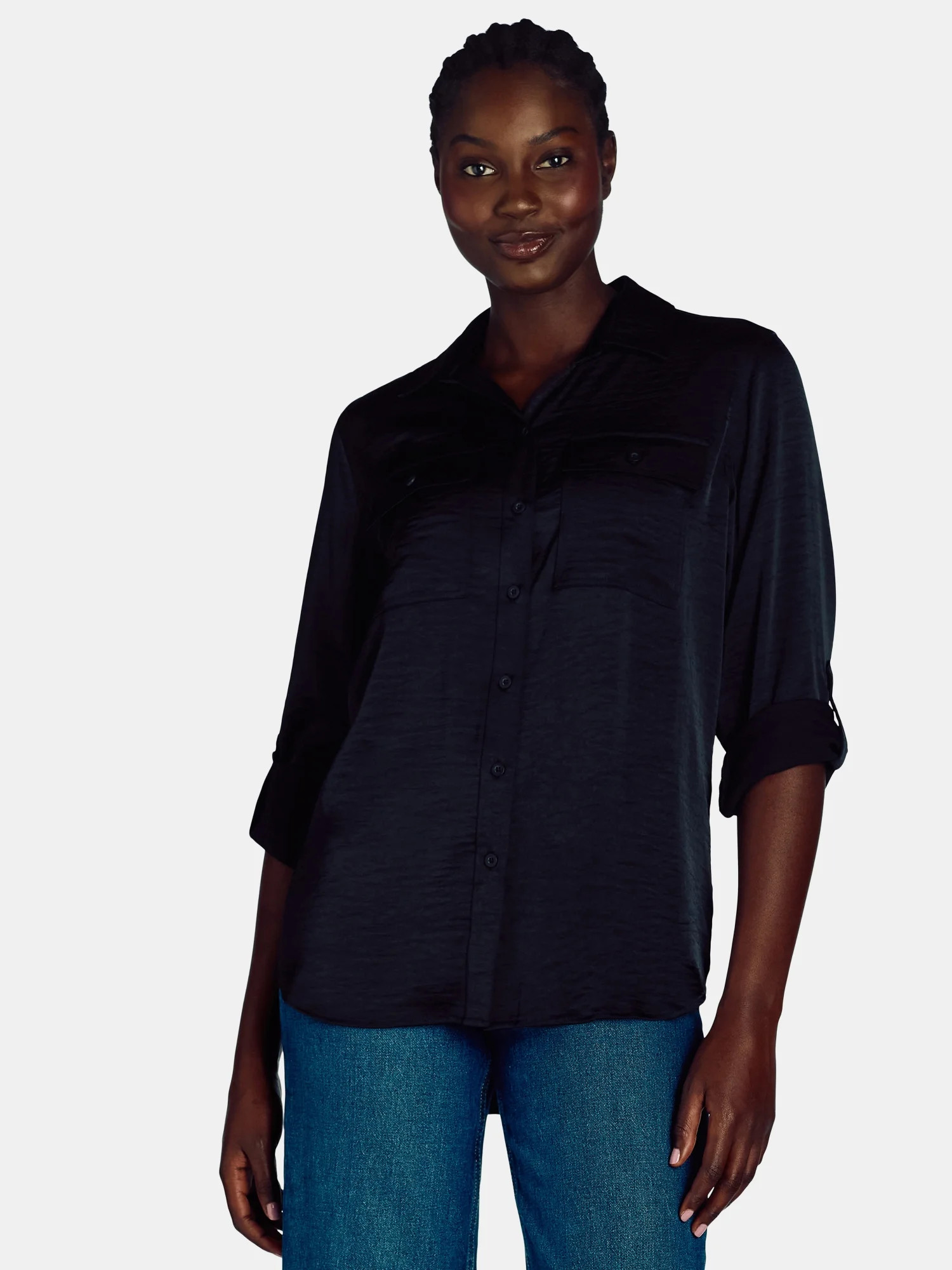 Time and Tru Women's Utility Shirt with Long Sleeves, Sizes XS-XXXL | Walmart (US)