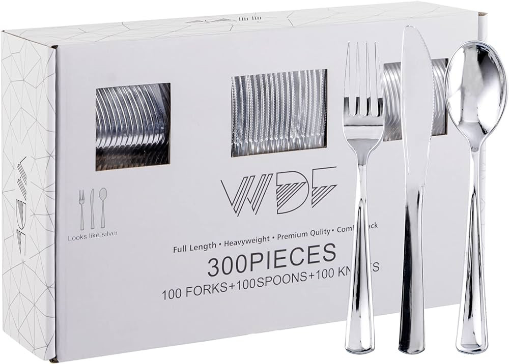 WDF 300 Pieces Silver Christmas Plastic Silverware - Plastic Silverware- Plastic Silverware Heavy... | Amazon (US)