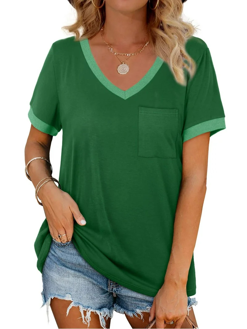 MOSHU V-Neck Women T Shirts Short Sleeve Loose Summer Tops for Women with Pocket | Walmart (US)