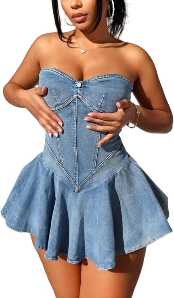 SHINFY Womens Summer Denim Dress Sexy Off Shoulder Strapless Bustier Corset Tube Pleated Mini Jea... | Amazon (US)
