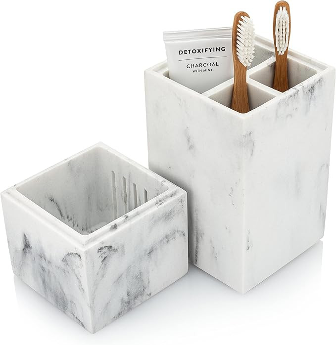 Essentra Home Toothbrush Holder with Lid, Elegant White Marble Bathroom Toothbrush & Toothpaste O... | Amazon (US)