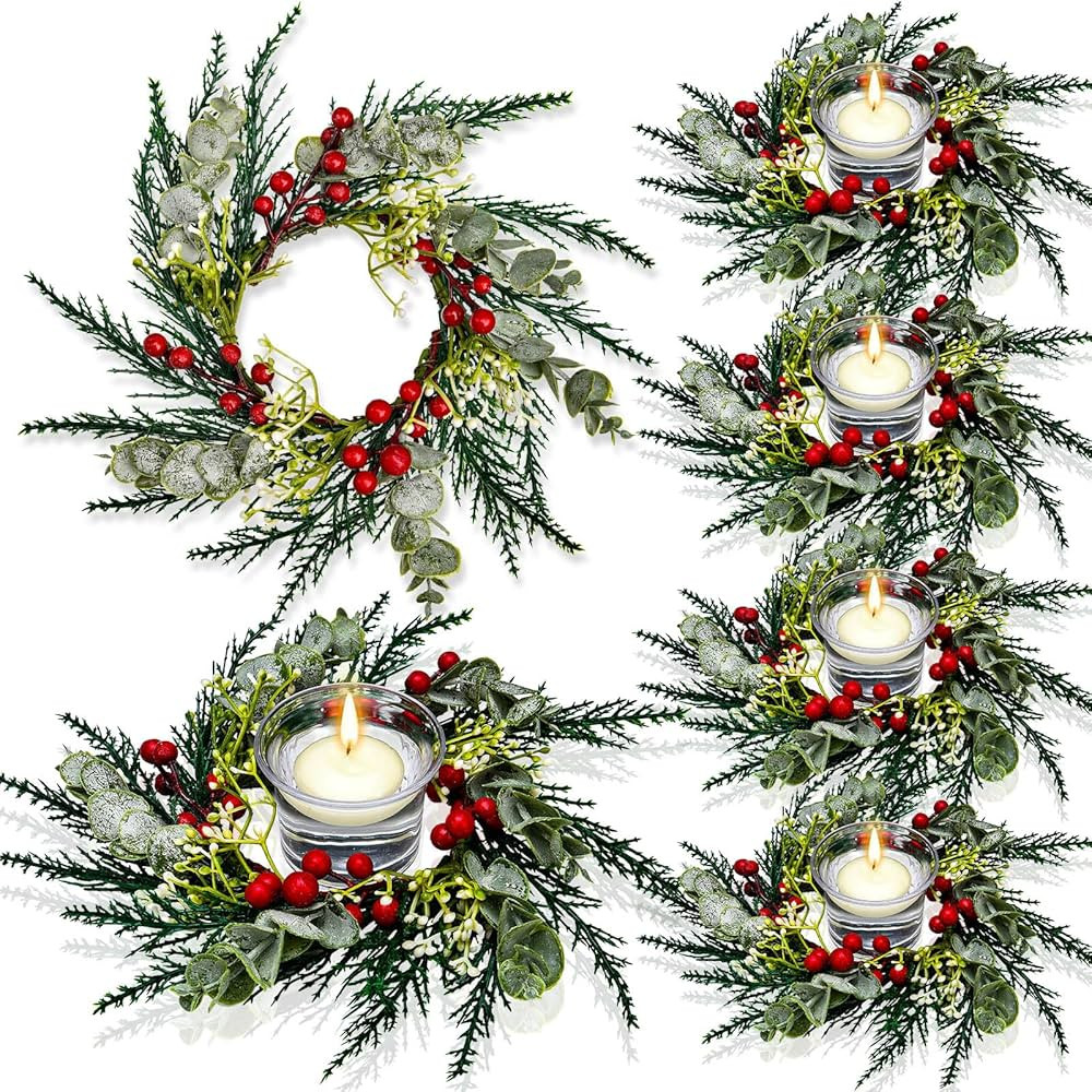 Christmas Candle Rings Artificial Red Berries Snowy Pine Needles Garland Candle Rings Wreaths Can... | Amazon (US)
