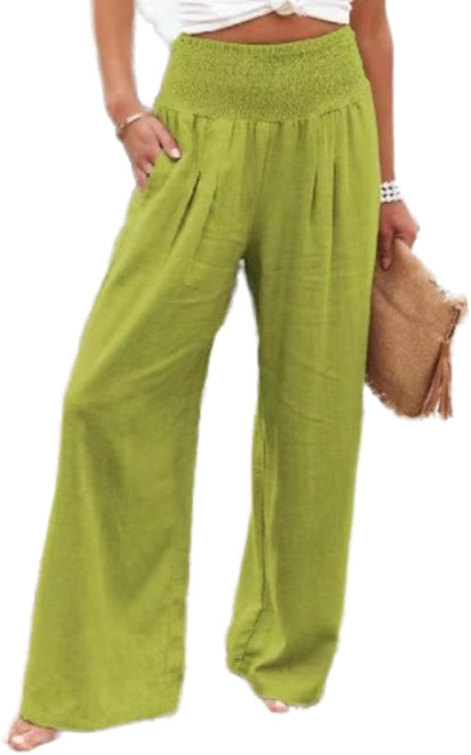 Womens Linen Palazzo Pants Wide Leg Elastic High Waisted Trousers Flowy Loose Long Lounge Comfy P... | Amazon (US)