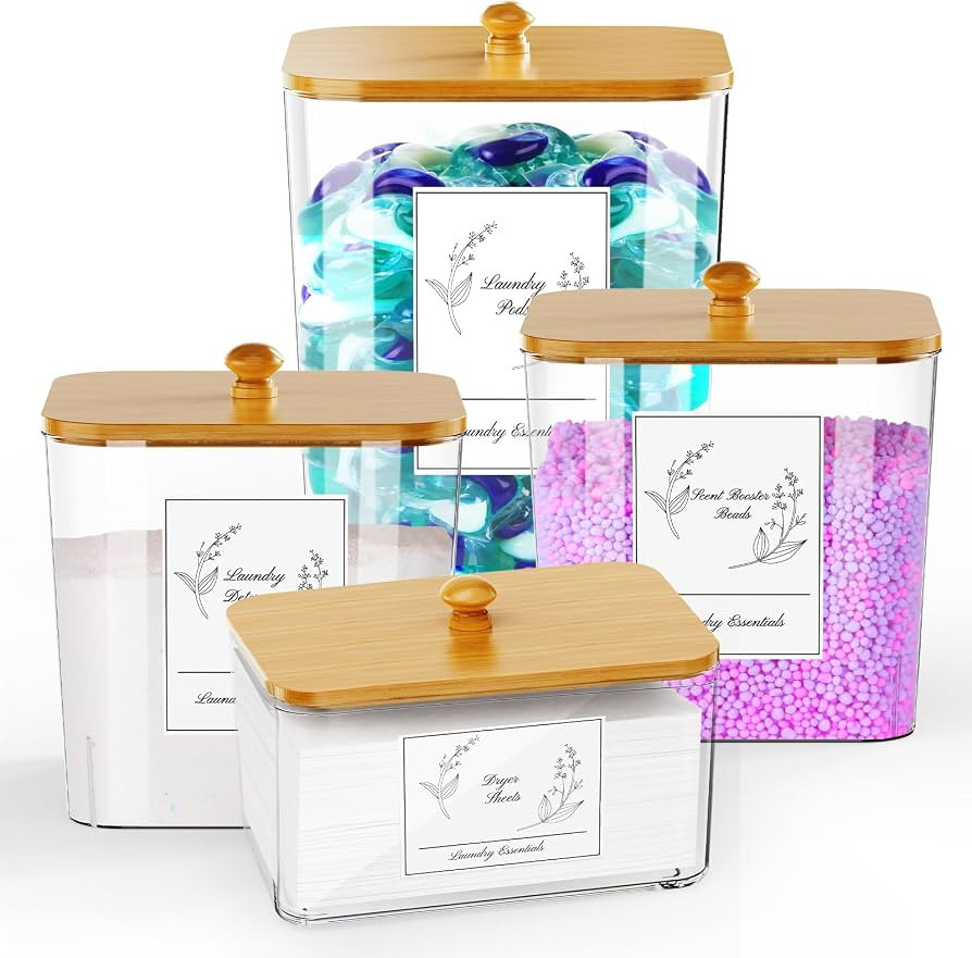 4 Pack Clear Laundry Pods Container & Dryer Sheet Holder, Plastic Square Laundry Room Organizatio... | Amazon (US)