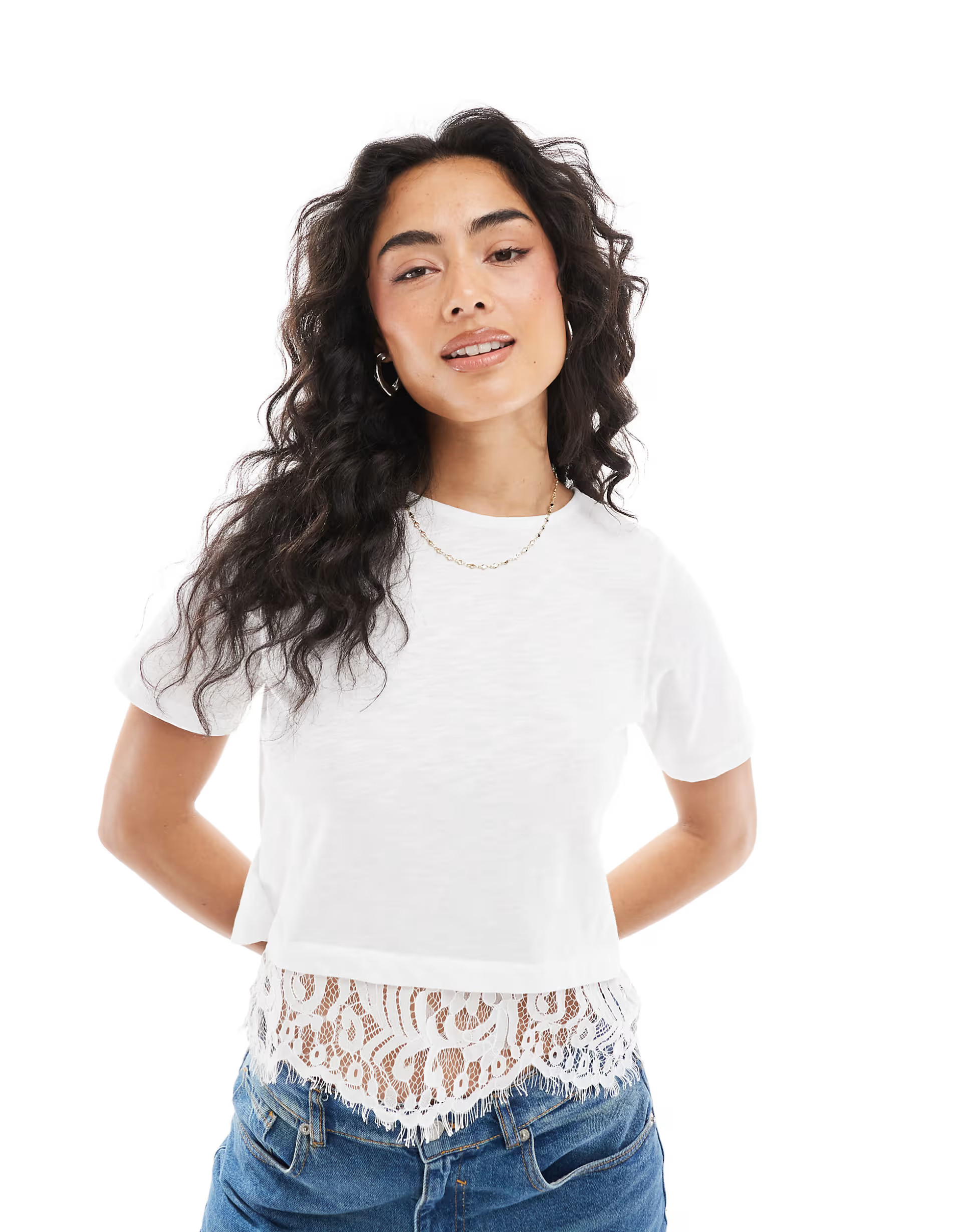 Miss Selfridge scallop hem lace underlay t-shirt in white | ASOS (Global)
