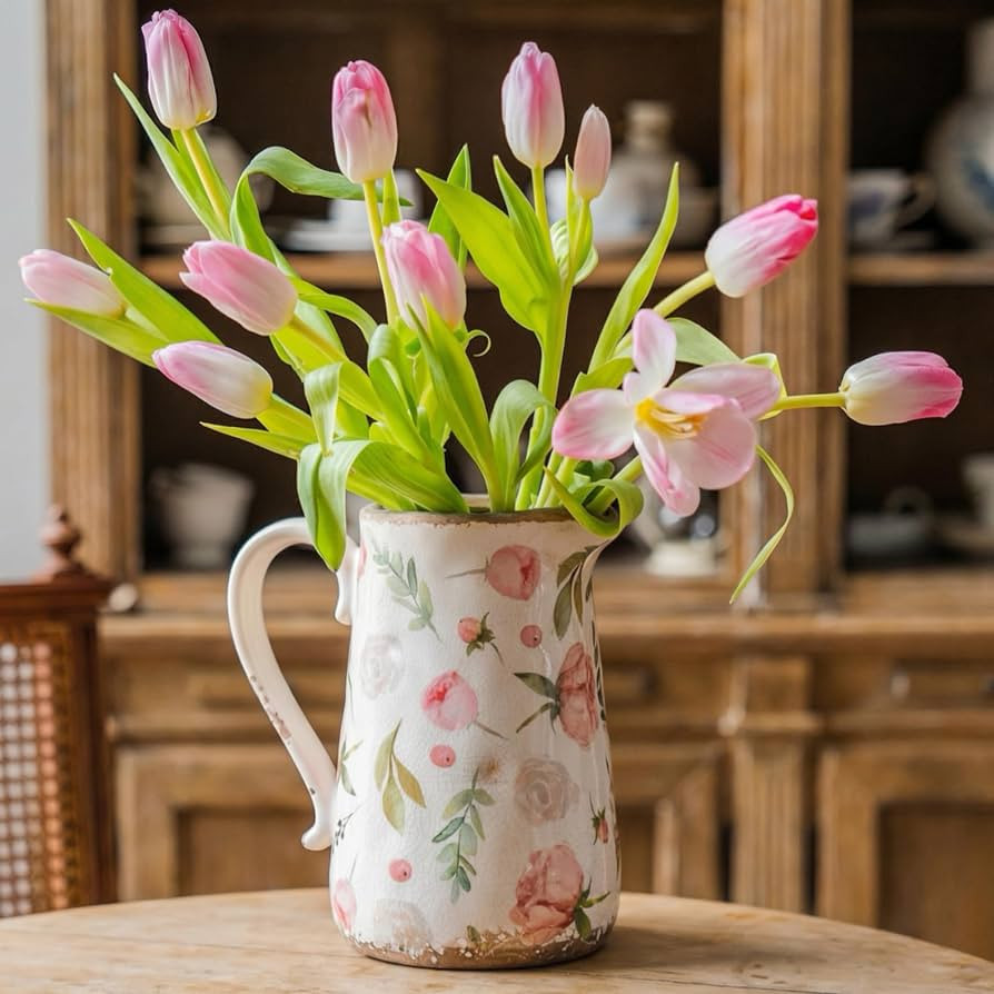 Retro Rustic Large Ceramic Vase with Handle, Distressed Farmhouse Pitcher for Home, Ideal Shelf D... | Amazon (US)