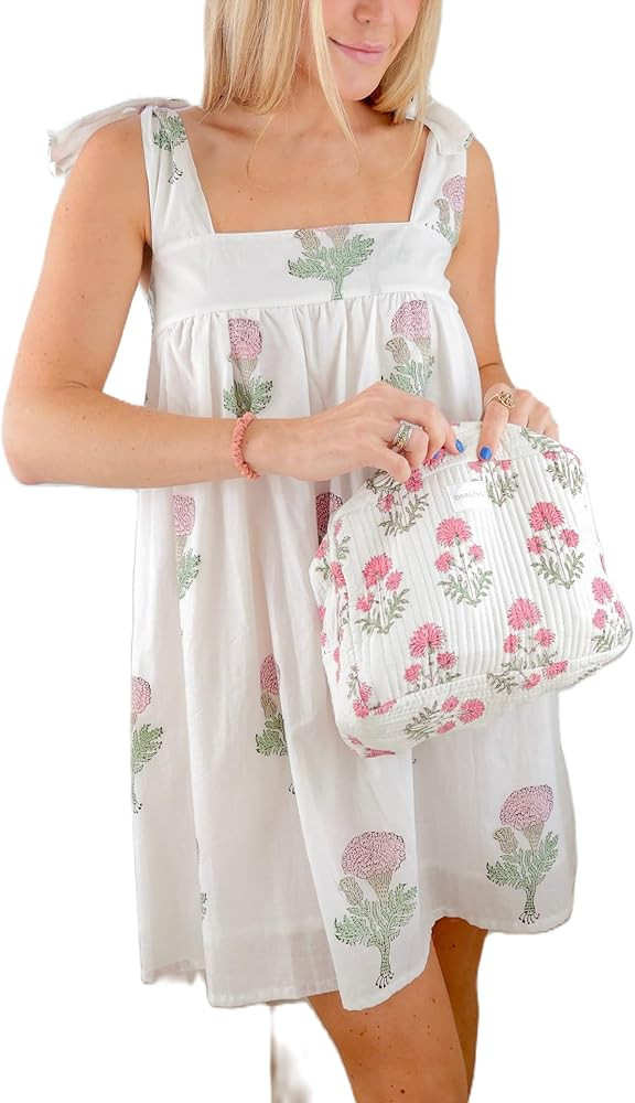 Women Floral Tie Shoulder Mini Dress Cute Square Neck Loose Fit Beach Short Dress Backless Boho V... | Amazon (US)