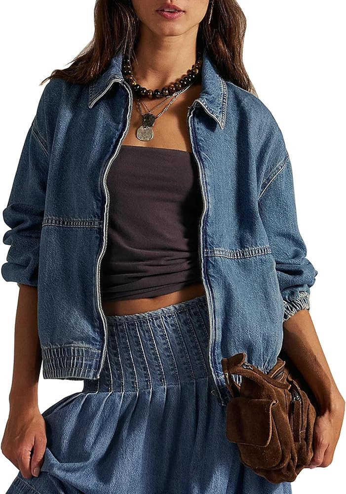 Womens Denim Jackets Long Sleeve Zip Up Elastic Hem Classic Loose Jean Bomber Jacket Outfit | Amazon (US)