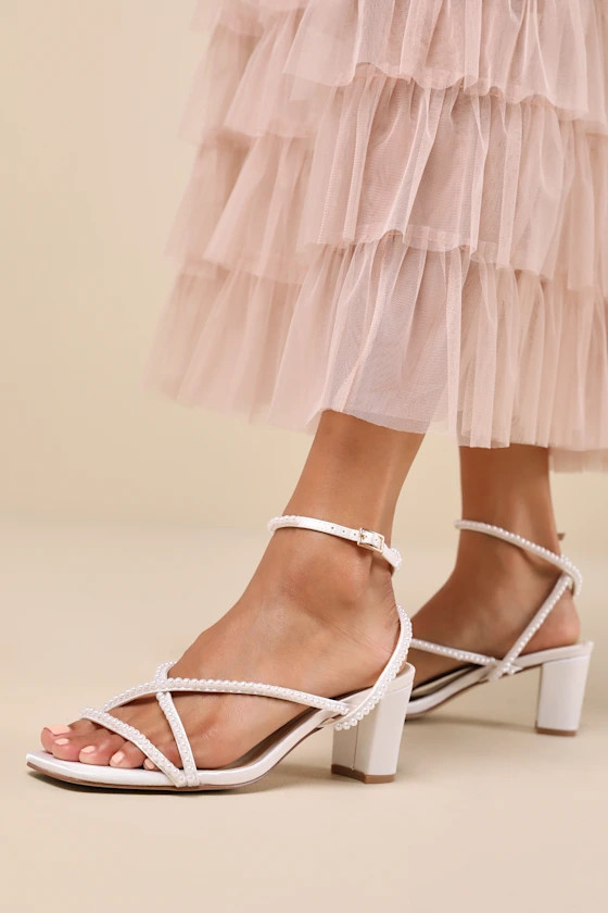 Makenna White Pearl Satin Strappy Ankle Strap Low Heel Sandals | Lulus