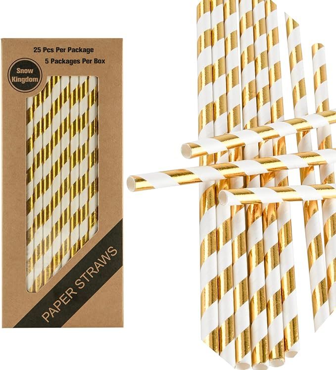 125 PCS Gold Striped Paper Straws Metallic Drinking Decoration 100% Biodegradable - Boxed 5 Indiv... | Amazon (US)