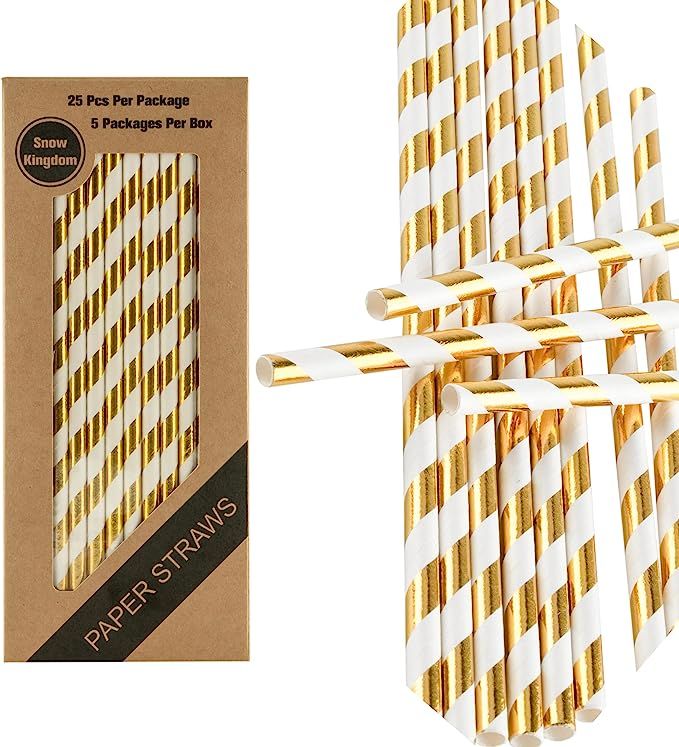 125 PCS Gold Striped Paper Straws Metallic Drinking Decoration 100% Biodegradable - Boxed 5 Indiv... | Amazon (US)