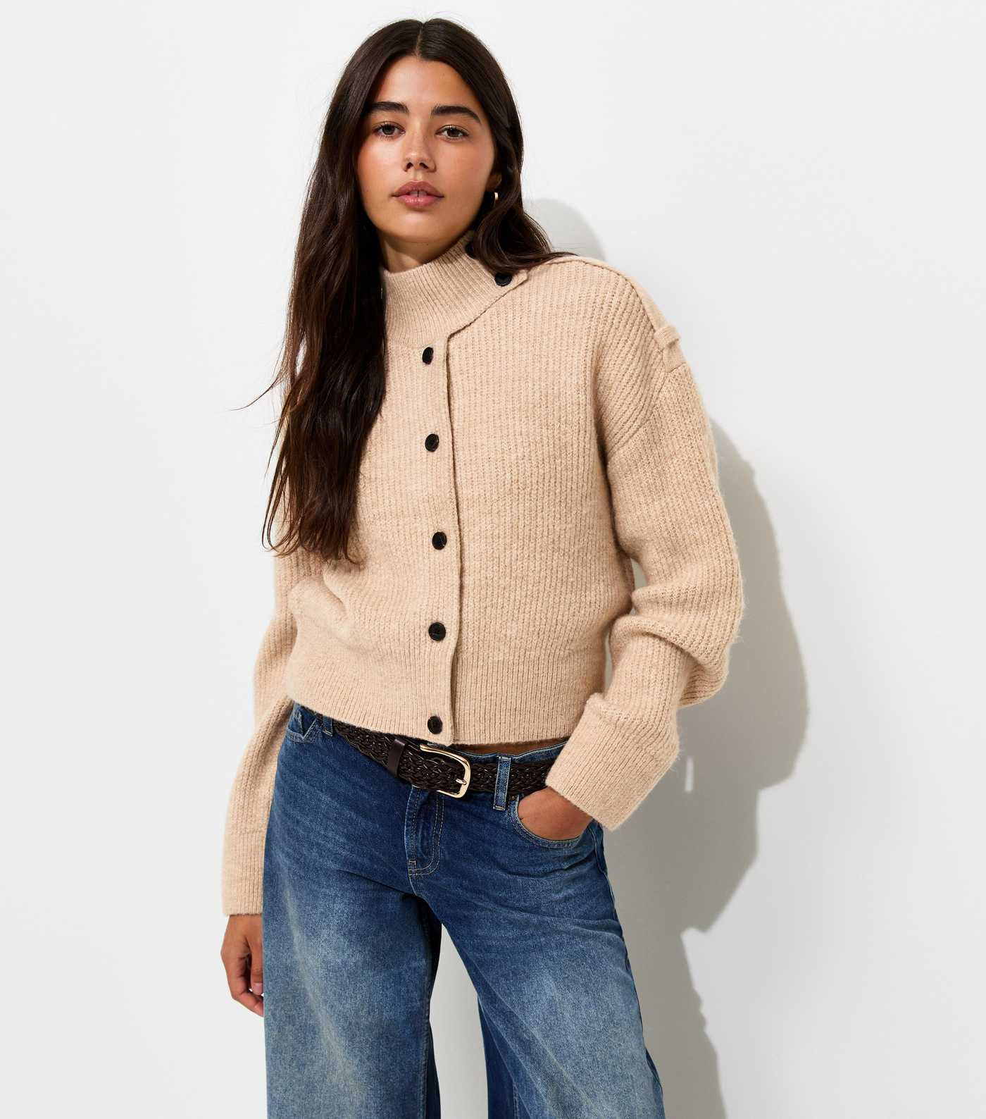 Oatmeal Ribbed Knit Funnel Neck Cardigan | New Look | New Look (UK)