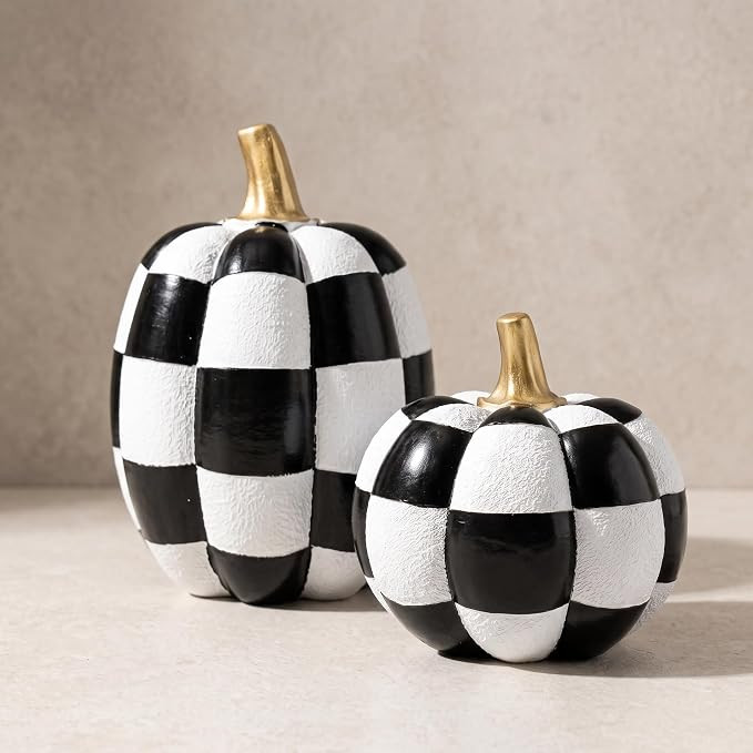 Black and White Checkered Pumpkins with Gold Stem for Halloween Decor | 2Pcs Resin Buffalo Check ... | Amazon (US)
