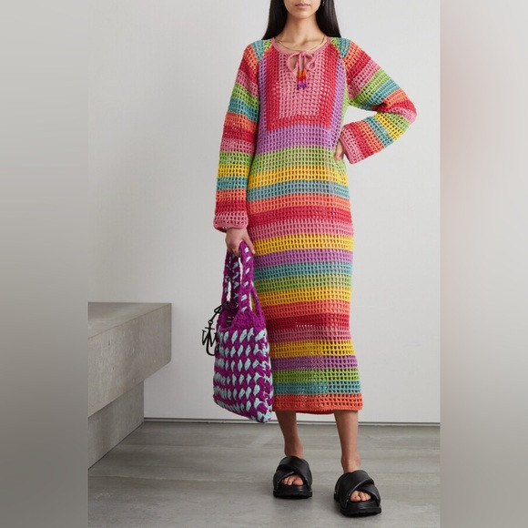 FARM Rio Striped Multicolor Crochet Rainbow Maxi Dress w/ Pink Slip Size XS | Poshmark