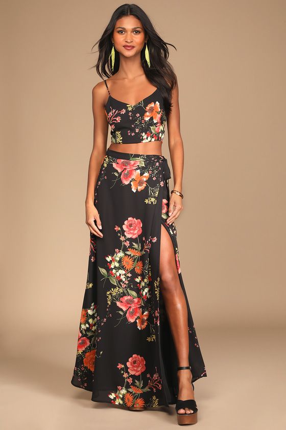 Bloom With a View Black Floral Print Two-Piece Maxi Dress | Lulus (US)