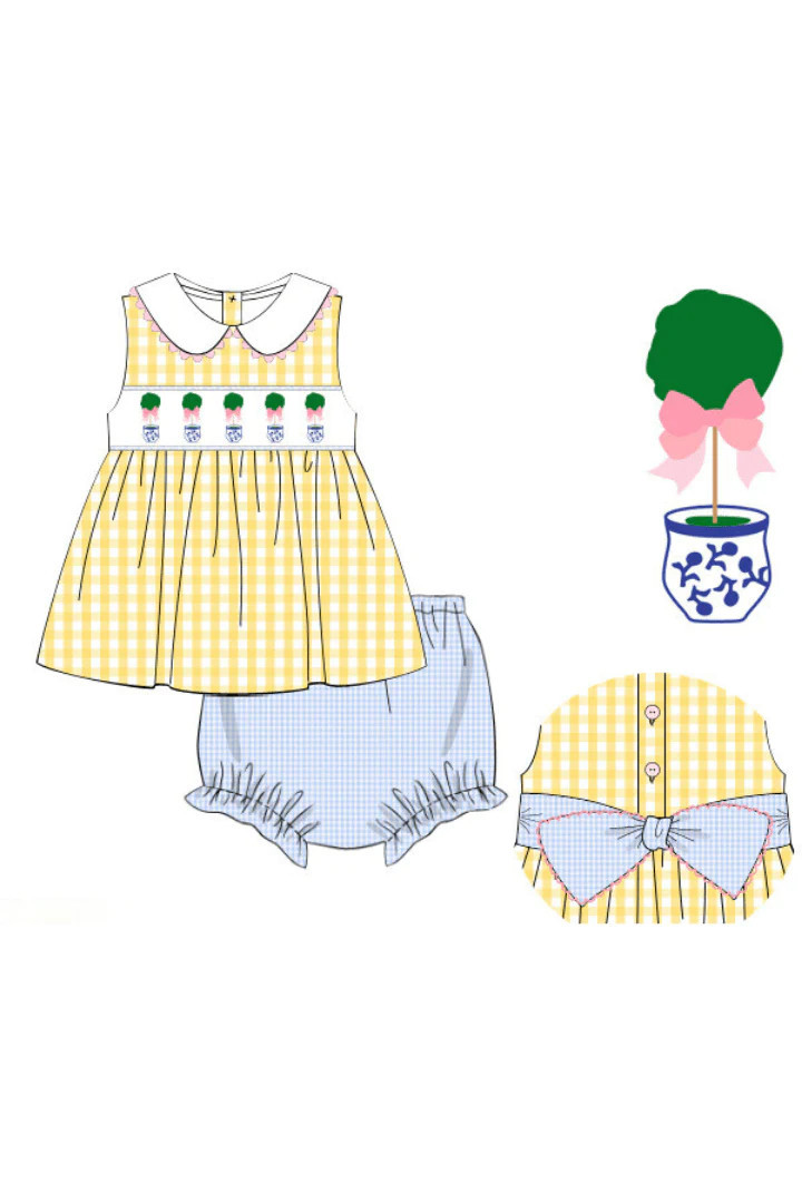Pre-Order Smocked Topiary Yellow Gingham Bloomer Set | The Smocked Flamingo