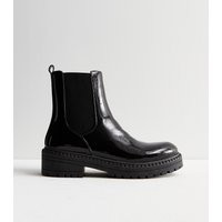 Women's Black Patent Chunky Chelsea Boots New Look | New Look (UK)