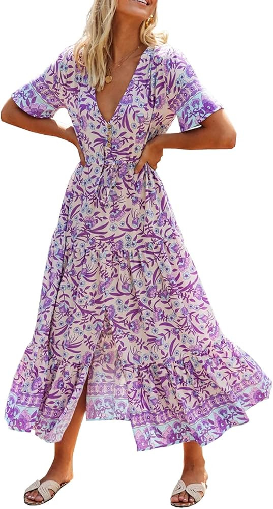 Womens Summer Floral Print Cotton Short Sleeve Flowy Dress | Amazon (US)