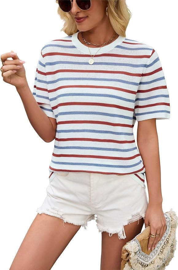 Allimy Womens Striped Color Block Lightweight Sweater Tops 2026 Summer Casual Loose Fit T-Shirt B... | Amazon (US)