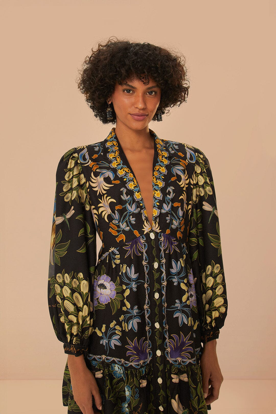 Black Winter Garden Mini Dress Long Sleeves | FarmRio (US)