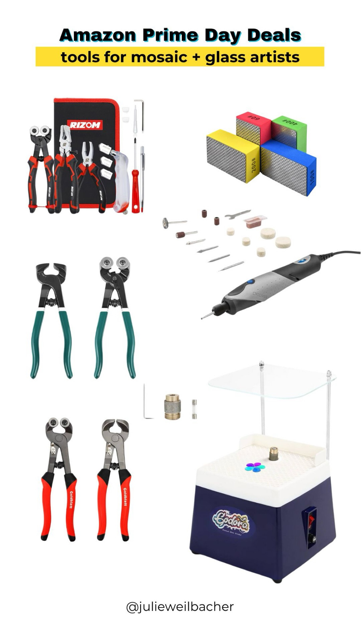 Sharing some Amazon Prome Day deals on tools for mosaic and glass artists. ✨ For mosaic tips, tutorials, inspiration, and so much more please visit my YouTube channel: YouTube.com/julieweilbacher. Follow @julieweilbacher on Instagram for all things mosaic art. Amazon Prime Day deals - mosaic - stained glass - mosaic art - glass art - Amazon deals - Dremel - glass grinder - craft tools - crafts supplies - stocking stuffers

#LTKFindsUnder100 #LTKxPrimeDay #LTKGiftGuide