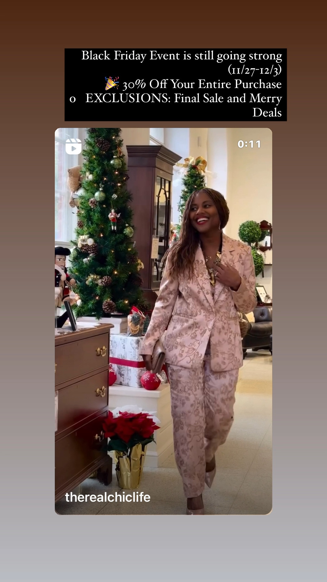 Chico’s Black Friday event is still going strong! 
Black Friday Event (11/27-12/3)
·         30% Off Your Entire Purchase
o   EXCLUSIONS: Final Sale and Merry Deals
 

#LTKParties #LTKSeasonal #LTKHoliday