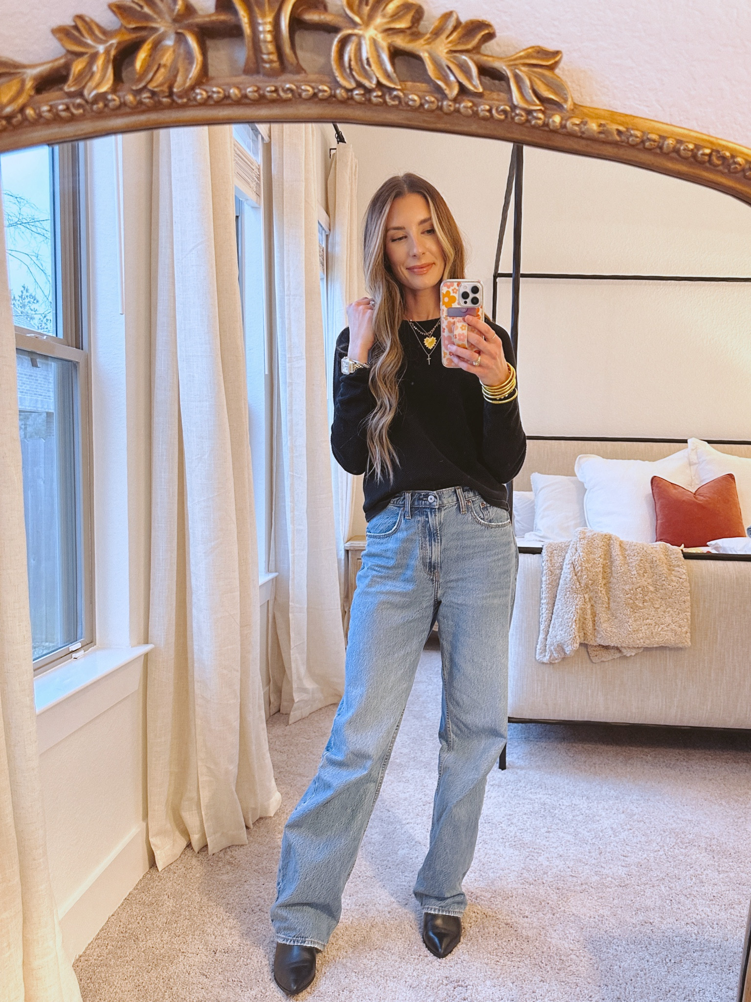 Simple casual outfit, closet staples, capsule wardrobe, black top, high rise loose jeans, baggy jeans, black booties, mom look, weekend outfit 

#LTKfindsunder100 #LTKstyletip #LTKfindsunder50