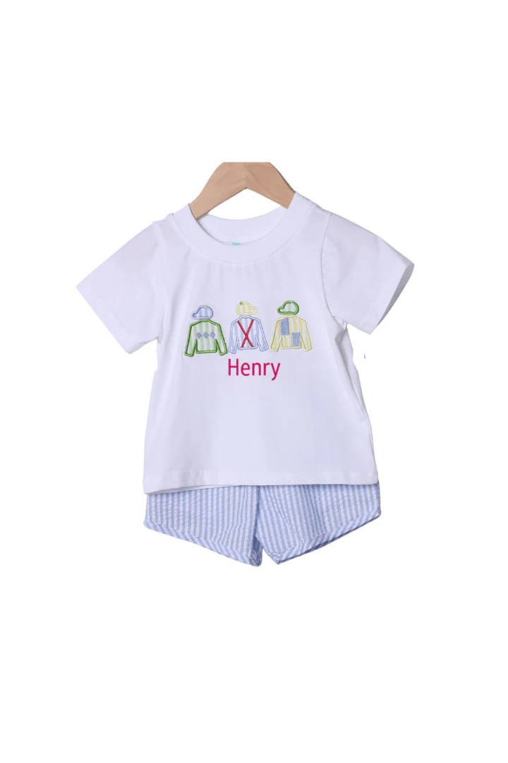 Applique Jockey Silks Blue Seersucker Short Set | The Smocked Flamingo